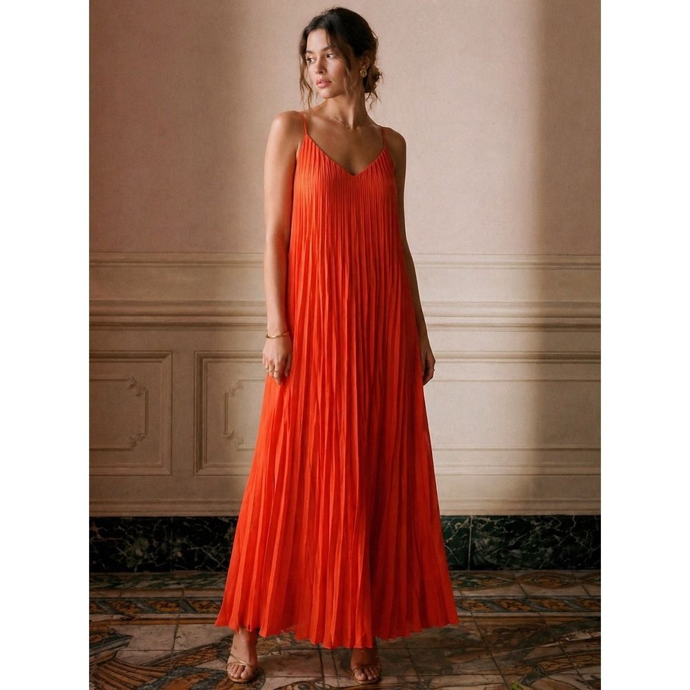 Sezane Pavlina Maxi Dress Women's 4 Orange Pleated Open Back Wedding Guest